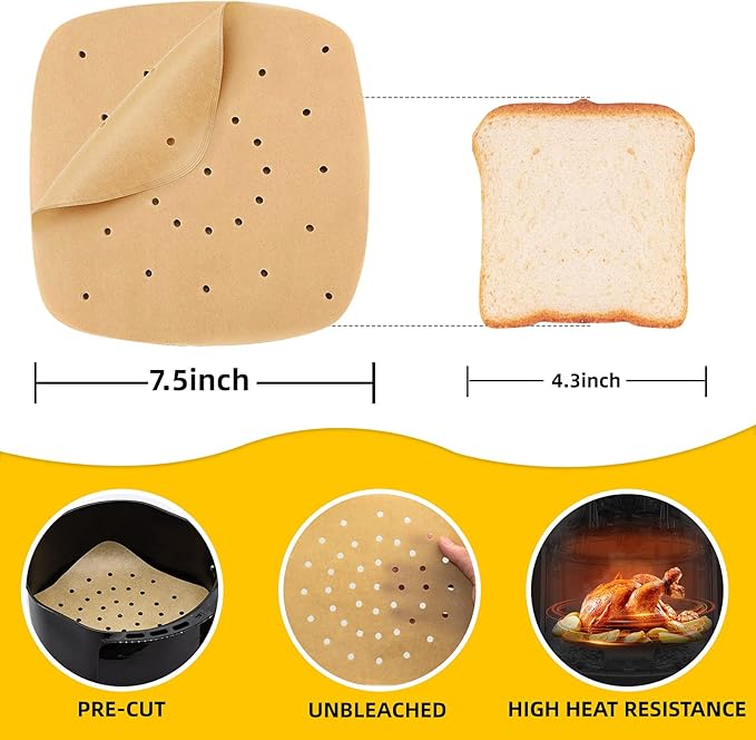 Katbite 200Pcs 6.5 inch , Unbleached Square Liners, Heavy Duty Perforated parchment paper for air fryer, Steaming Basket, Bamboo Steamer, Oven Baking