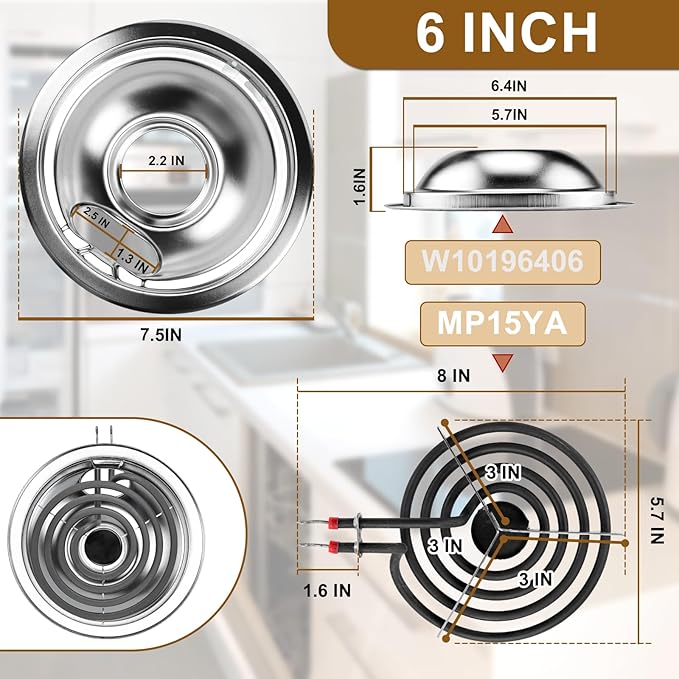 W10196405 W10196406 Electric Stove Burner Drip Pans & MP21YA MP15YA Electric Range Burner Element Unit Set fit for Whirlpool Kenmore Amana Range Oven/Stove by Cenipar