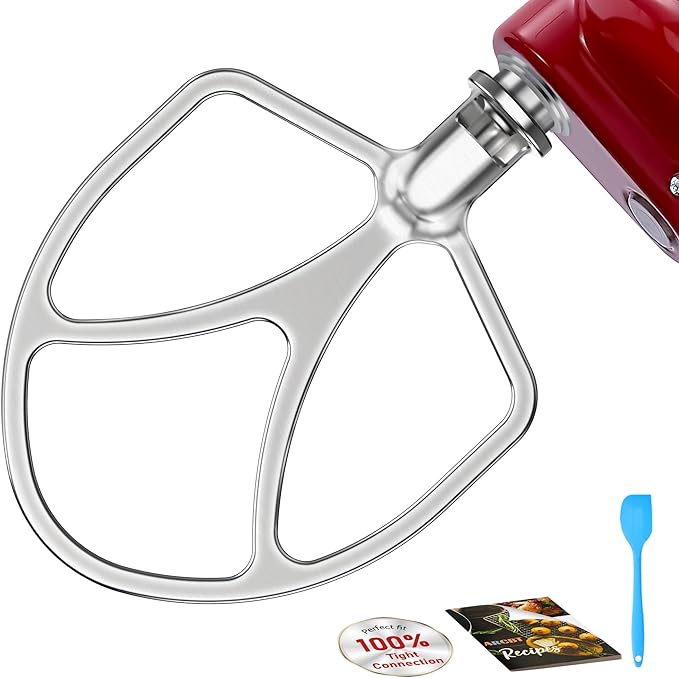 316 Stainless Steel 6qt Flat Beater Fits Kitchenaid 5QT Bowl-Lift Mixers, 100% Polished Smooth Uncoated,Thoroughly Mixing&Stable Operation with 0% Residue, Dishwasher Safe, Durability, Spatula&Recipes