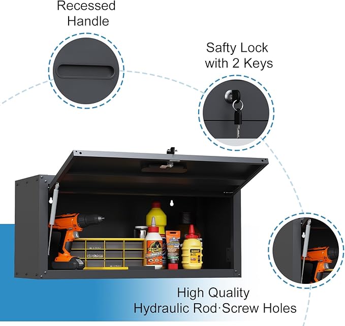 Metal Garage Black Wall Cabinet with Flip UP Door, Lockable Tool Cabinets Garage Cabinet Wall Mounted, Heavy Duty Steel Metal Storage Cabinet for Kitchen Laundry Warehouse, Assembly Required