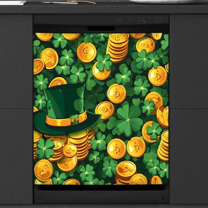 Hat Gold Coin Clover Glow Dishwasher Magnet Cover, Reusable Refrigerator Panel Stickers Microwave Front Door Covers Magnets for Kitchen Home Appliances Holiday Party Decorations 23 X 26 in