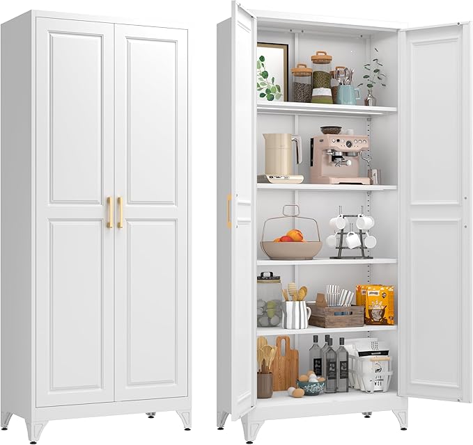75”Tall Metal Pantry Storage Cabinet with Doors and 4 Shelves, White Kitchen Pantry Cabinet, Modern Freestanding Cupboard for Living, Dining Room, Office, Assembly Required