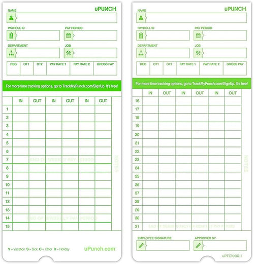 100 uPunch Time Cards for HN3000