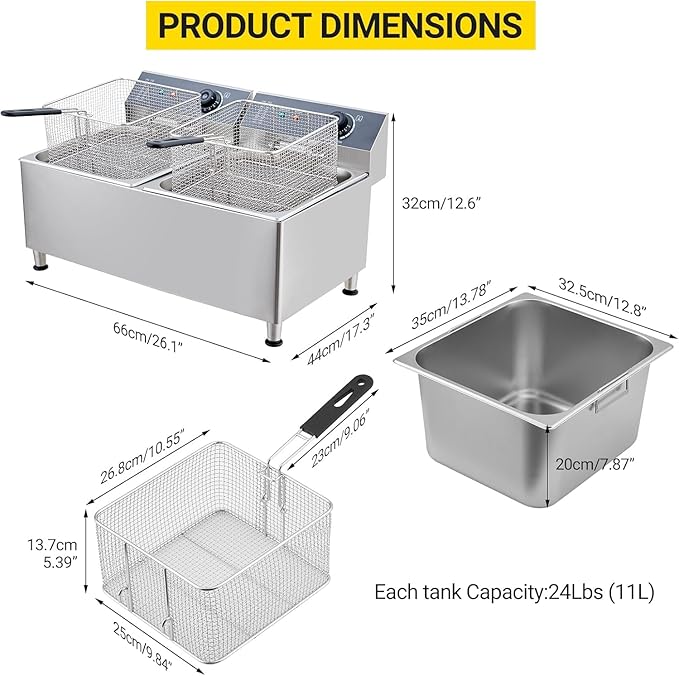 Dual 11L Commercial Deep Fryer | 304 Stainless Steel Dual Tank Design | 3400W Total Power (1700W x 2) 110V | with Extra Large Baskets & Lids for Restaurant & Food Service