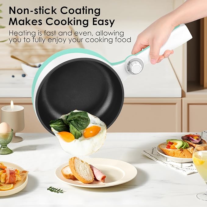 Audecook Hot Pot Electric, 1.7L Mini Electric Skillet Portable Nonstick Sauté Pan with Power Adjustment, Ramen Cooker Travel Multicooker for Steak/Soup/Egg/Oatmeal/Noodles (Tongs for Cooking Included)