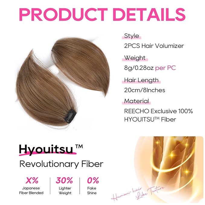 REECHO Clip in Hair Volumizer, Short Thick Clip in Hairpieces Adding Extra Hair Volume Extensions for Women with Thin Fine (Light Brown with Blonde Highlights, 8 Inch(Pack of 2))