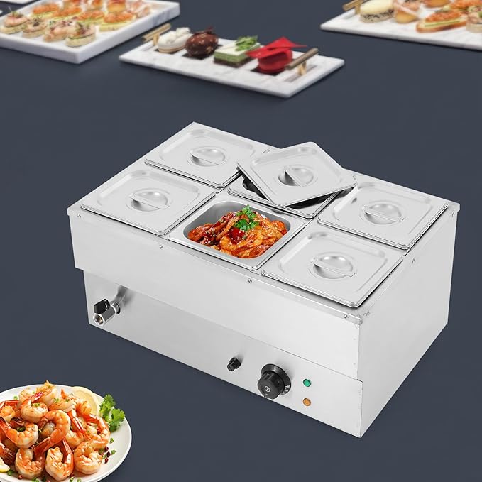 Commercial Food Warmer Stainless Steel Bain Marie Buffet Food Warmer Steam Table Electric Countertop Steam Table Container with 86-185°F Temp Control for Catering Restaurants (6 Pans)