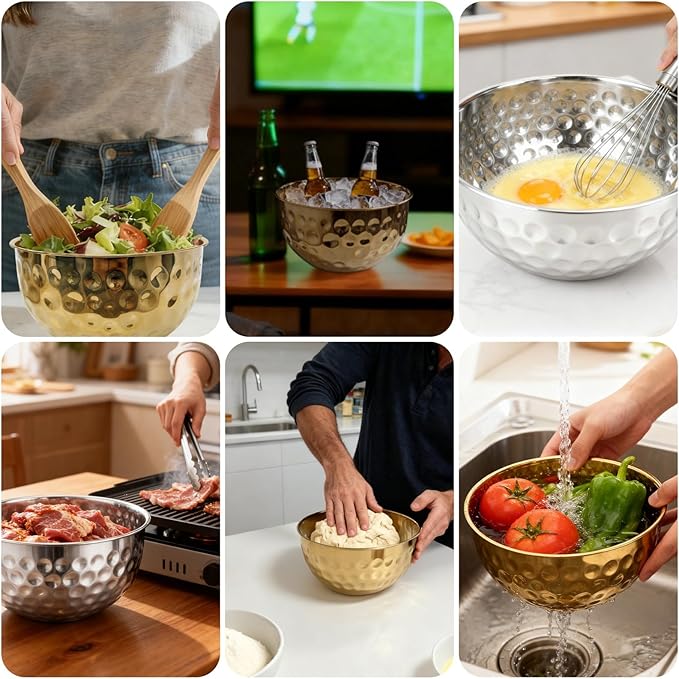 5-Piece Stainless Steel Mixing Bowls Set, Metal Hammered Gold Mixing Bowls for Kitchen, Cooking, Baking, Salad Prep, Food Storage, Reusable Nesting Design, 1.6-4.9 QT Capacity, Dishwasher Safe