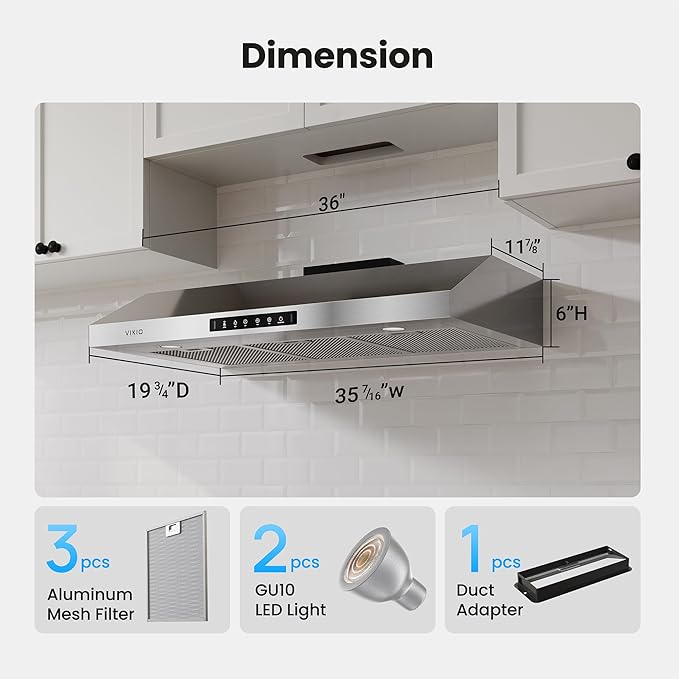 Range Hood 36 Inch Under Cabinet, 900 CFM Dual Centrifugal Motor, 3-Speed Ducted Kitchen Vent, Reusable Filters, Stainless Steel Kitchen Exhaust Fan with LED Lights