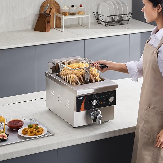 VEVOR Commercial Deep Fryer, 9Qt /8.5 L Single Oil Fryer, 1mm Thickened Stainless Steel, 1750W Electric Countertop Fryer with Basket, Time & Temp Control, for Kitchen Restaurant Use, Silver