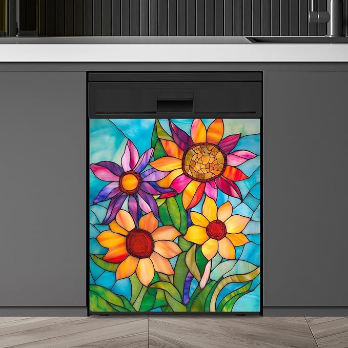 Farmhouse Stained Glass Sunflower Dishwasher Magnet Cover,Pastoral Flowers Magnetic Dishwasher Cover Vinyl Sticker,Fridge Door Cover Magnets Art Skin Panel Decal,Home Decor Decal,23"X26"