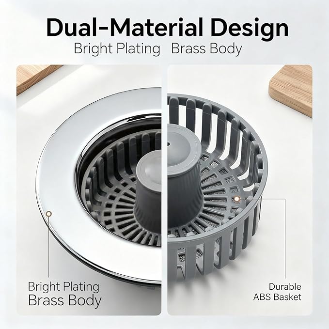 Kitchen Sink Stopper, 3 in 1 Pop Up Kitchen Sink Drain Strainer, with an Extra Basket Strainer, Sink Drain Stopper for US Standard 3-1/2 Inch, Brass Material Electroplate (Silver 2pcs)