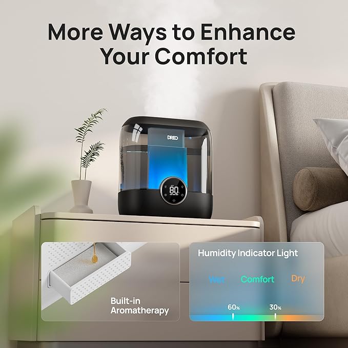 DREO 6L Top Fill Humidifiers for Bedroom, 60H Runtime 28 dB Quiet Supersized Cool Mist Air Humidifiers for Large Room, Baby Nursery, Plant, Indoor, Night Light, Easy to Clean, Precise Humidity Control