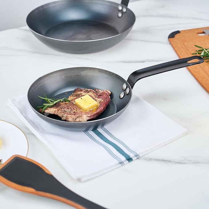 Restaurantware-Met Lux 8 Inch Fry Pan, 1 Lightweight Frying Pan - Induction-Ready, Triple-Riveted, Black Carbon Steel Cooking Skillet, Durable, For Searing, Sauteing, And Browning Food