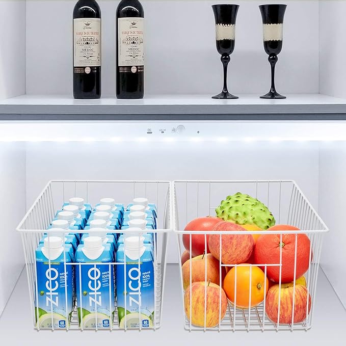 Upright Freezer Organizer Bins， Freezer Baskets for 16, 17, 21 cu.ft Standup Freezer, Wire Storage Baskets with Built-in Handles for Frozen Foods, Snacks, Vegetables, Fruits and More, Set of 6 , White