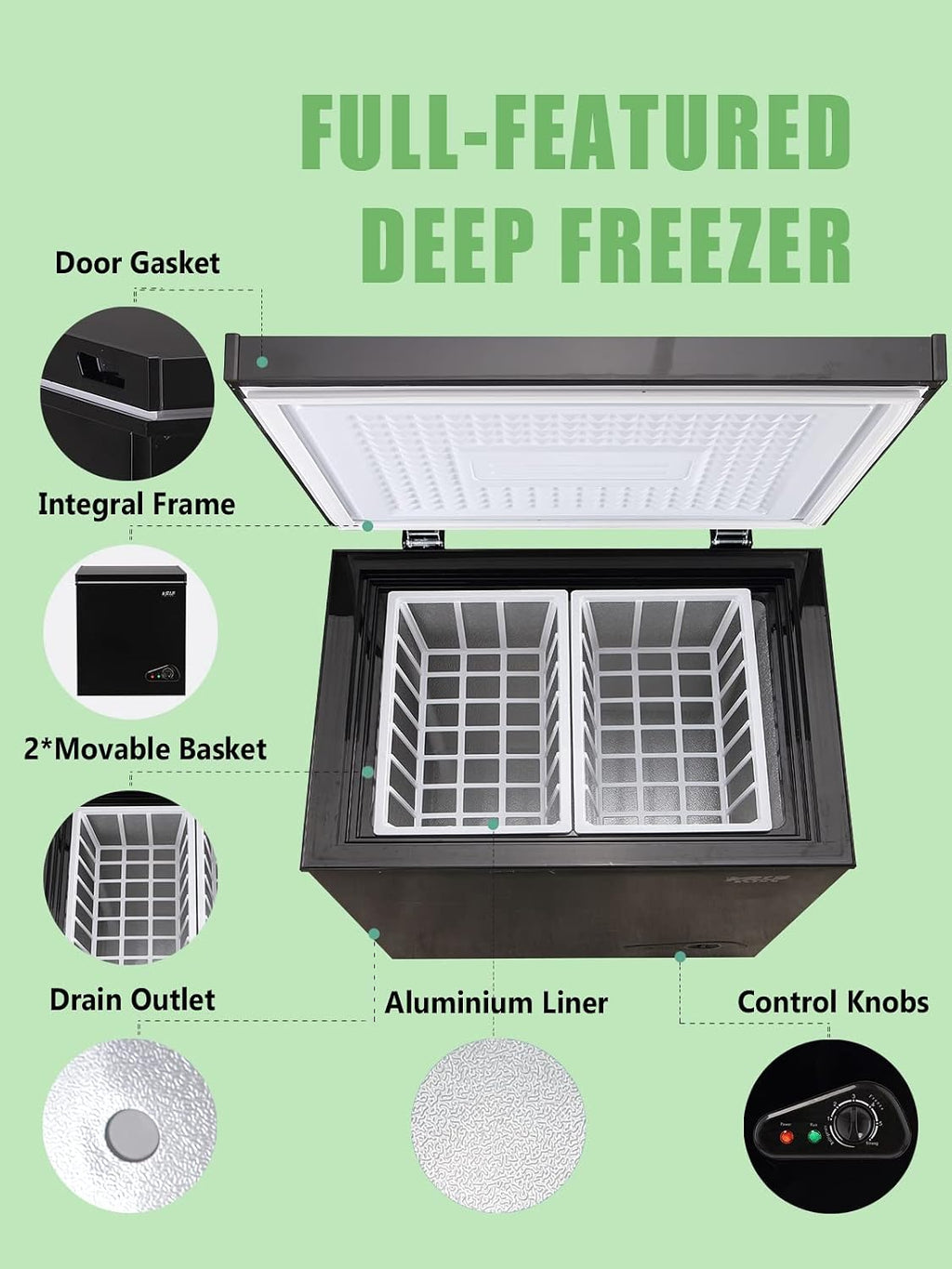 7.0 Cu.Ft Chest Freezer 7 Gears Temperature Control(-4°F to 6.8°F), Deep Compact Freezer with a Removable Basket, for House, Kitchen, Garage, Basement, Shop, Black