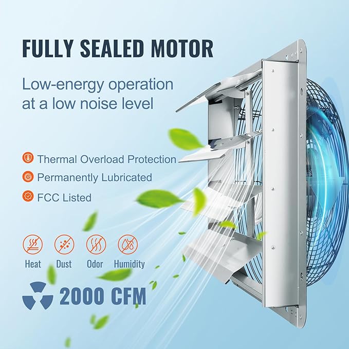 VEVOR Shutter Exhaust Fan, 16'' with Various Speeds, AC-motor, 2000 CFM, Wall Mount Attic Fan, Ventilation and Cooling for Greenhouses, Garages, Sheds, FCC