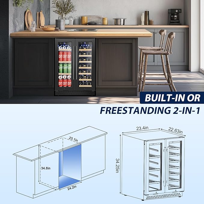 Tylza 24 Inch Wine and Beverage Refrigerator, Dual Zone Wine Beverage Cooler 24" with French Door, Under Counter Wine Beer Fridge Built-In or Freestanding, Holds 20 Bottles and 88 Cans, Black