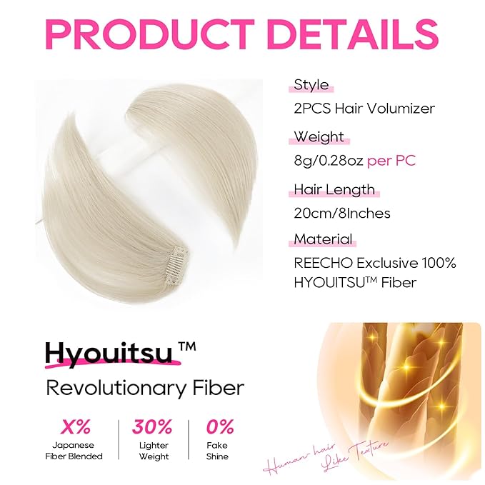 REECHO Clip in Hair Volumizer, Short Thick Clip in Hairpieces Adding Extra Hair Volume Extensions for Women with Thin Fine (Platinum Blonde, 8 Inch(Pack of 2))