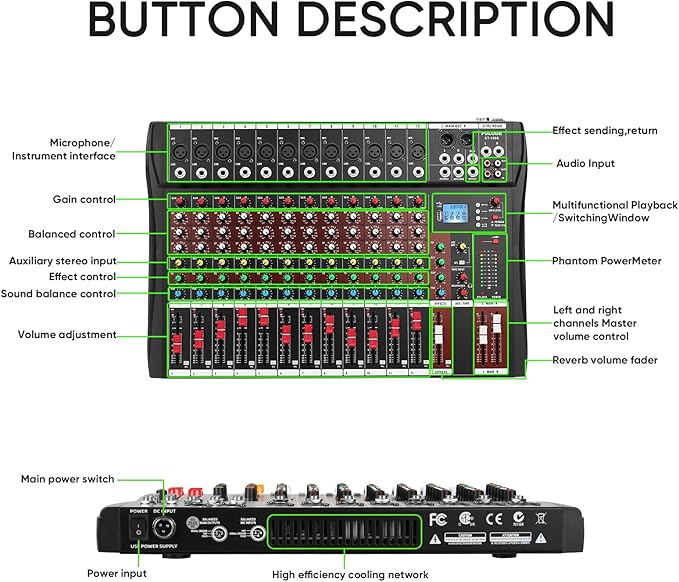 12 Channel Mixer Audio Console, CT-120S Professional Music Mixer DJ Mixing Board with Reverb Bluetooth MP3 Player 48V Phantom Power Supply USB Recording for Studio Karaoke Live Performance