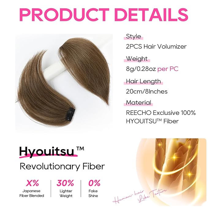 REECHO Clip in Hair Volumizer, Short Thick Clip in Hairpieces Adding Extra Hair Volume Extensions for Women with Thin Fine (Light Golden Brown, 8 Inch(Pack of 2))