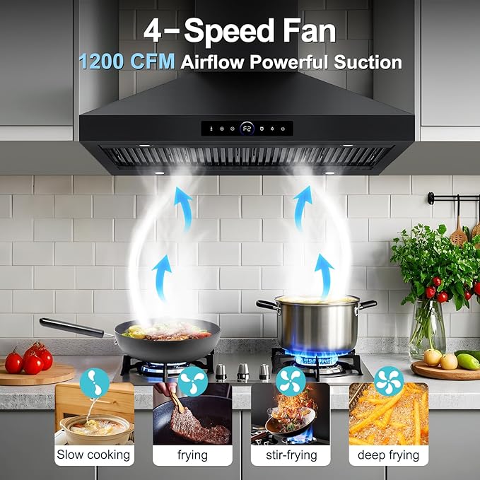 48 inch Range Hood Wall Mount, 1500 CFM with 4-Speed Gesture Sensing & Touch Control, Stainless Steel Ducted Kitchen Stove Vent Hoods with 4 LED Lights, Time Setting, Dishwasher-Safe Baffle Filters