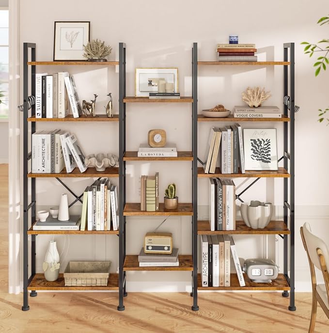 Furologee Triple 5 Tier Bookshelf, Bookcase with 14 Open Display Shelves, Wide Etagere Book Shelf, Industrial Shelving Units for Home Office, Living Room, Bedroom, Rustic Brown