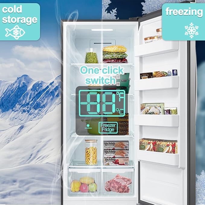 SMETA Upright Freezer 18 Cu ft Convertible Freezers Refrigerator, Garage Ready Stand Up Frost-Free Freeerless Fridge with Tempered Glass Shelves SS