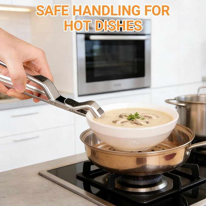 2 Pcs Stainless Steel Hot Plate Grippers, 2026 Upgraded Multi Purpose Hot Plate Gripper, Anti-Scald Bowl Clip Silicone Non-Slip Hot Dish Plate Holder Tongs Kitchen Utensil for Bowls, Pans