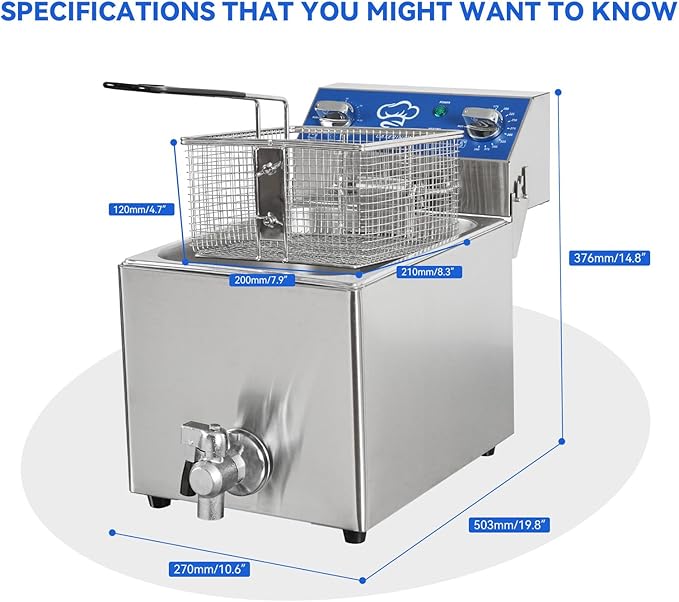 6.3Qt Electric Fryer with Oil Drain,30 Minutes Timer,Stretch forming oil tank,Lid and Solid Wire Mesh Basket,Light Duty Commercial Electric Countertop Deep Fryers-120V,1800W