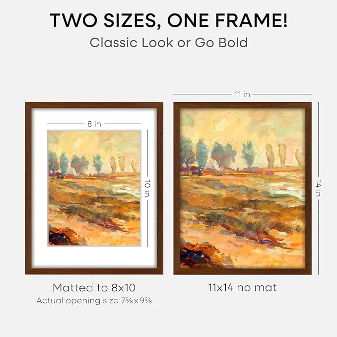 Homeforia 11x14 Brown Picture Frame, High End Dark Oak 11x14 Walnut Poster Frame with Mat 8x10, 11 x 14 Wooden Frame Matted to 8 by 10 inch Photo, 14x11 Thin Frames, Tempered Glass, Wall Kit, Set of 3