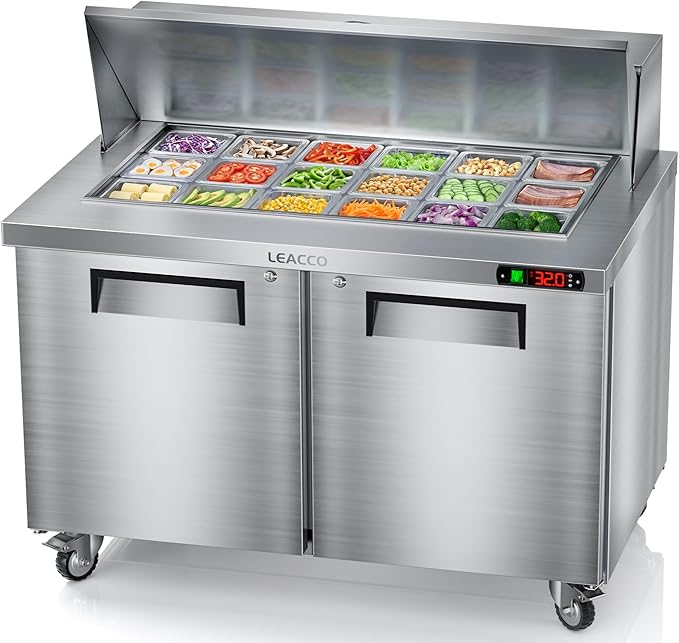 Leacco Refrigerated Sandwich Salad Prep Table, Commercial Workstation Refrigerators with 18 Pans, 48"