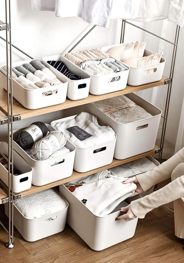 Set Of 2 Plastic Storage Bins,14.5x10.2x6.3 Versatile Kitchen Pantry Organization and Storage,for Plastic Storage Container Under Bed,Under Sink Bathroom Organizer (White, 2 Pack Large)