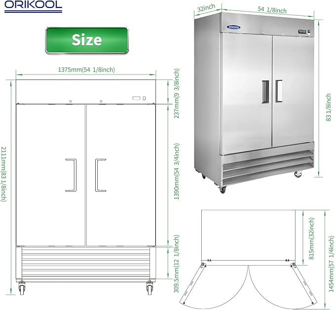 Commercial Freezer 54"W 2 door Stainless Steel Reach in Solid door Fan Cooling 49 Cu.ft Freezer Dynamic Cooling OmniSmart Temperature Control -10℉~10℉ Freezer for Restuarant, Bar, Shop, etc