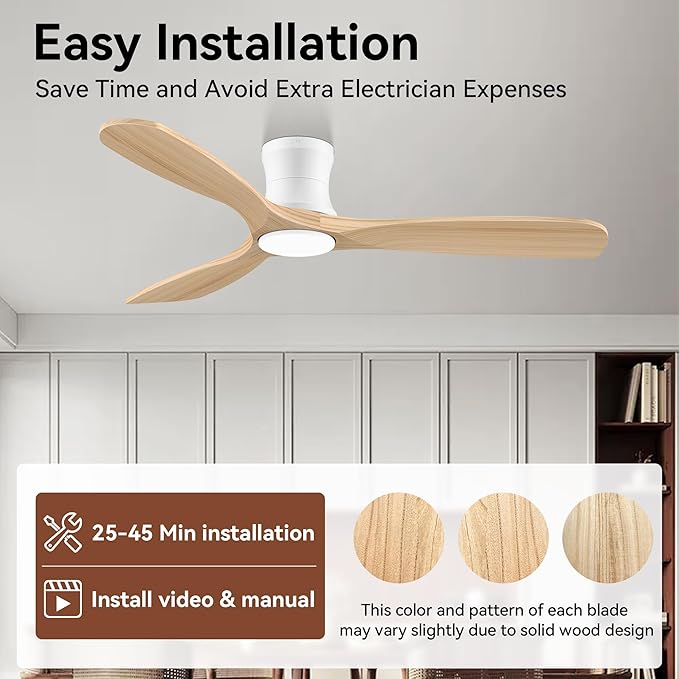 Smart 52” Wood Flush Mount Ceiling Fans with Lights and Remote,Quiet DC Motor,Outdoor Indoor Ultra Low Profile Ceiling Fan works with Alexa WIFI APP,Modern White Ceiling Fan for Bedroom Patio