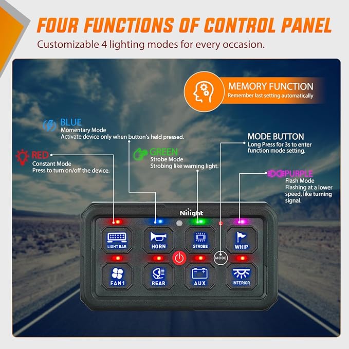 Nilight 8 Gang Switch Panel Blue Circuit Control Relay System with Fuse Wiring Harness Toggle Momentary Strobe Flash Modes Automatic Dimmable ON Off Pod 12V 24V for Car Truck Camper SUV