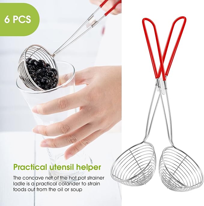 Geiserailie 6 Pieces 6 Pieces Hot Pot Kit Strainer Scoops Stainless Steel 2.5 Inch Mini Spider Strainer Skimmer Pasta Mesh Spoon Asian Skimmer Spoon Ladle with Handle for Home (Red)