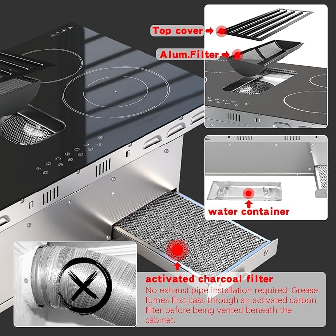 Karinear 30 Inch Downdraft Electric Cooktop with Ventilation System, 4 Burner 7400W Ceramic Glass Stove Top, BBQ Bridge Element & Dual Ring Burner, 9-Speed Fan, Timer, Child Lock, 240V(Ductless Mode)