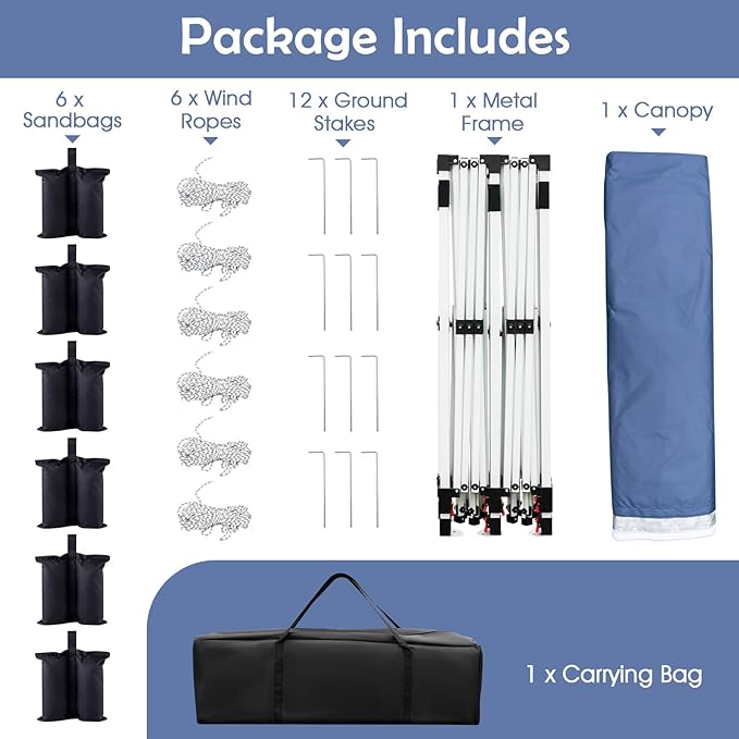 Tangkula 10x20 Ft Pop Up Canopy, Instant Setup Tent with 6 Sandbags, 12 Stakes & 6 Ropes, UPF 50+ Portable Outdoor Canopy Tent with Carrying Bag for Camp, Beach, Patio (Blue)