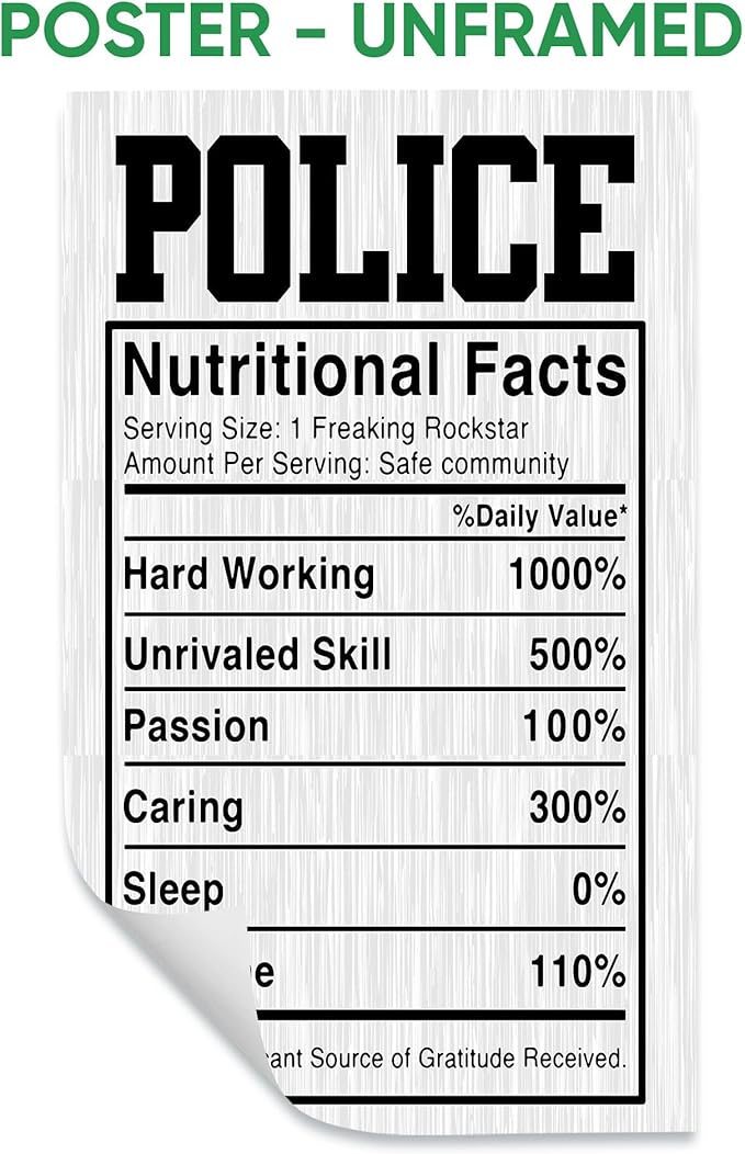 Police Poster & Framed Canvas, Police Nutritional Facts - Funny Home Office Decor, Bedroom Living Room Aesthetic Wall Art Gift For First Responder, Peace Officer, Policeman, Policemen