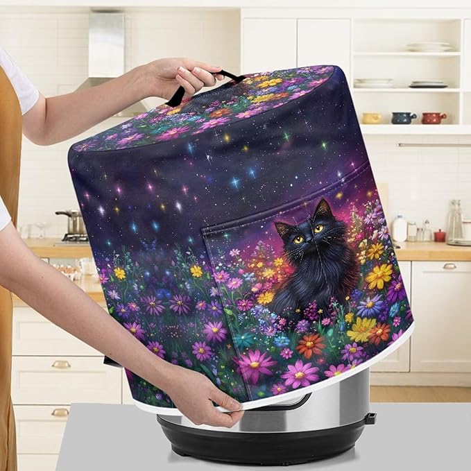 Xoenoiee Black Cat Colorful Daisy Pattern Pressure Cooker Cover Kitchen Appliance Dust Cover with Pockets for Rice Cooker Air Fryer Slow Cooker, for 3 Qt Pot