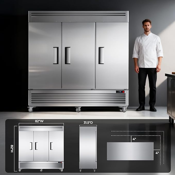 Coolake 82" Width Commercial Refrigerator 3 Solid Doors, 72 Cu.ft Stainless Steel Reach-in Upright Fridge with LED Lighting, Fan Cooling Refrigerator for Restaurant Cafe Hotel Kitchen Prep Area