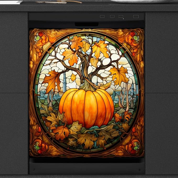 Dishwasher Magnet Cover Front Dishwasher Cover Fall Gold Glass Pumpkin Decor Reusable Magnetic Door Cover Panel Decal Home Appliances Stickers Kitchen Refrigerator Fridge 23"x26"