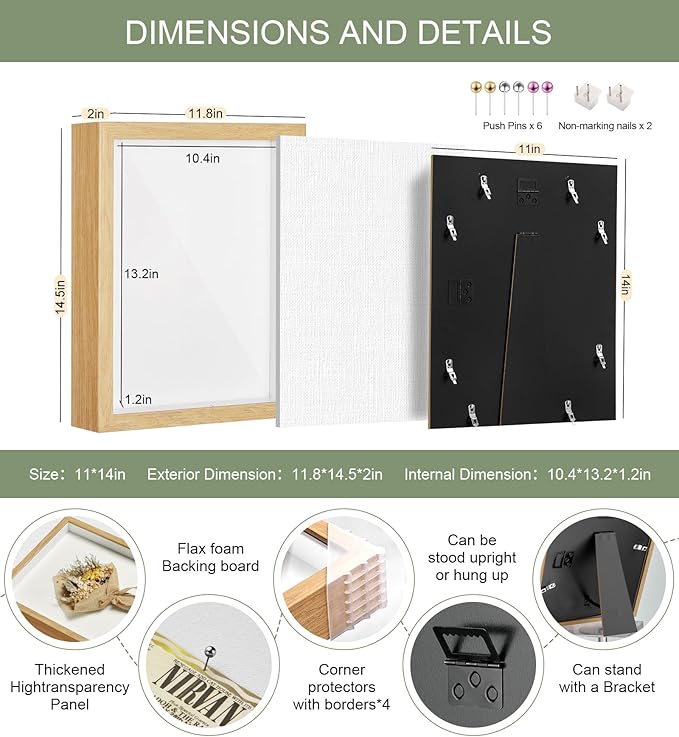 11x14 Shadow Box Display Case Picture Frame with Soft Linen Back, Large Wood Color Shadow Box 11x14 for Flowers Medal Display Case Jersey pet Graduation Memorabilia Baby Ltems Crafts Photos