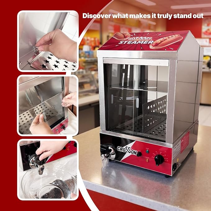 CROSSON 42L Hot Dog Steamer, 2-Tier Hot Dog Hut Steamer, Electric Bun Warmer with 86℉~185℉ Temperature Control，Tempered Glass Slide Doors Partition Plate Tong, Stainless Steel, for Hot Dogs & Buns