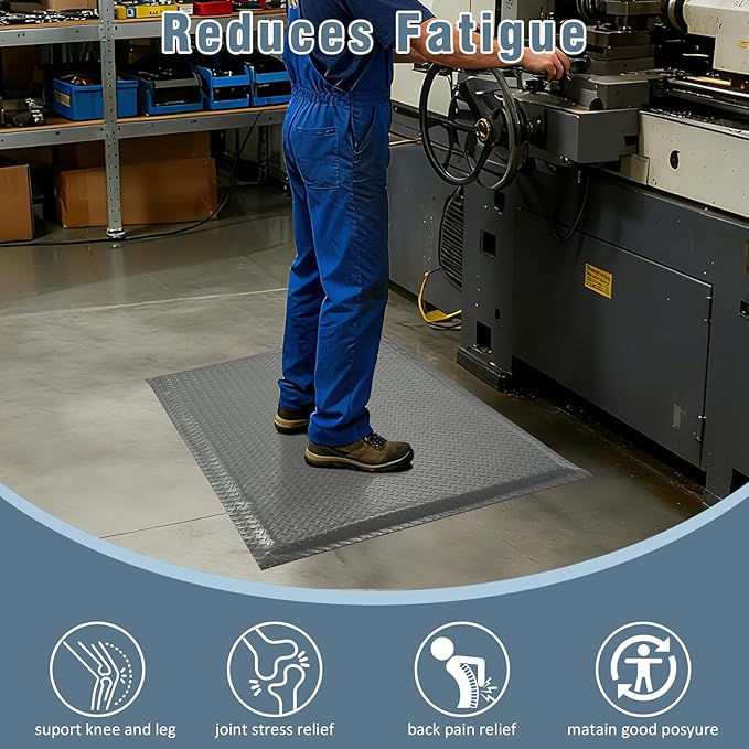 Anti Fatigue Mats Industrial 3' x 6' 15/16" Thick Ergonomic Standing Mat Commercial Kitchen Mat Heavy Duty Diamond Plate Cushioned Shop Floor Mats Helps Relieve Back and Leg Soreness, Grey