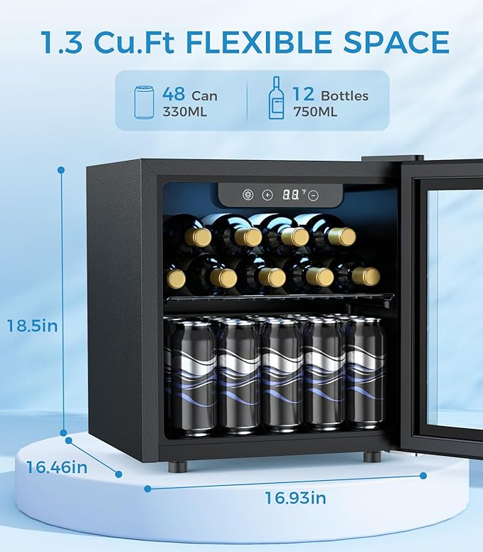 48 Can Beverage Refrigerator Mini Fridge Cooler Glass Door for Beer Soda or Wine, Small Drink Cooler Machine LED Temperature Control for Bar Home, Office 1.3CUFT
