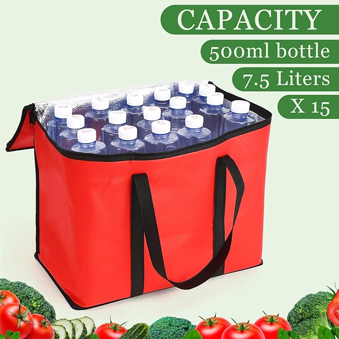 Kenning 15 Pcs Large Insulated Reusable Grocery Bags with Sturdy Zipper and Handles Foldable Washable Cooler Totes Heavy Duty Hot or Cold Food Delivery Bag for Food Transport Travel Lunch (Red Black)