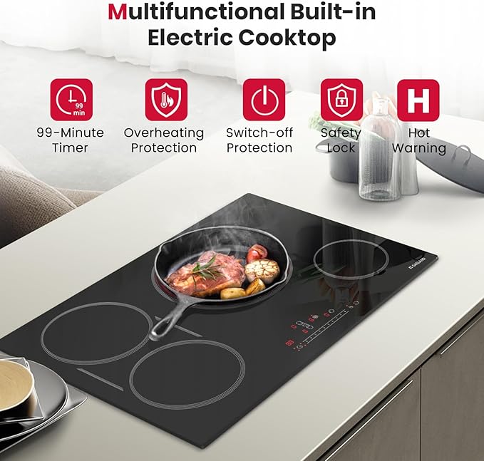GASLAND Electric Cooktop 30 Inch, 4 Burners Radiant Glass Stove Top, ETL & FCC Certificated, Drop-in Ceramic Cooktop, Slide Touch Control, Child Safety Lock, Hot Surface Indicator, 240V