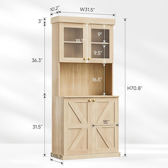 71" Tall Farmhouse Kitchen Pantry, Large Storage Cabinet with Glass Doors, Freestanding Coffee Bar Hutch with Microwave Stand, Adjustable Shelves for Kitchen, Living Room, Brown